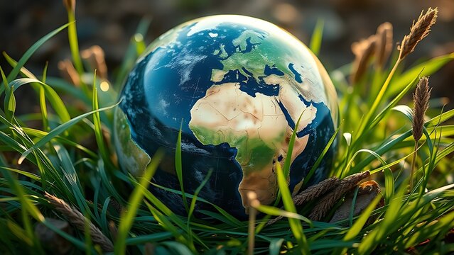 Earth globe nestled in grass and natural elements, symbolizing environmental harmony.