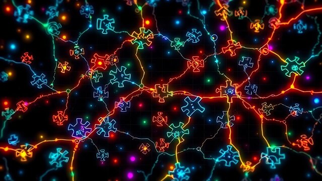 Glowing puzzle pieces forming a neuron-like mosaic in vibrant biological colors, depicting interconnected systems.