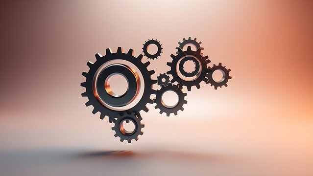 Floating mechanical gears on a gradient background with metallic reflections and studio lighting.