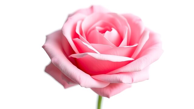 Pink rose in full bloom against a white background, delicate petals, soft gradient hues.
