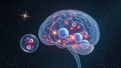 Translucent brain with dream bubbles containing galaxies under a starry night sky.