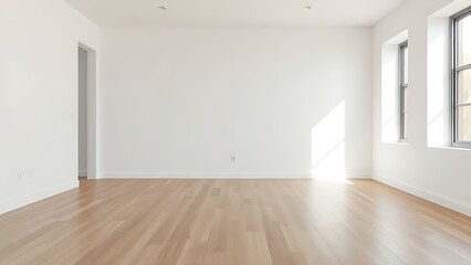 A minimalist living space featuring empty wooden floors and white walls in natural ambient light.