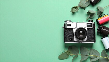Vintage camera, film rolls, and eucalyptus leaves on mint green background