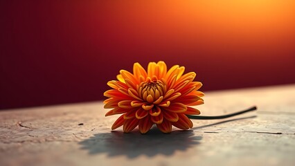 A golden-dipped chrysanthemum on polished stone, soft light filtering through a red and yellow gradient.