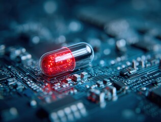 Close-up of a red and transparent capsule pill resting on a computer circuit board