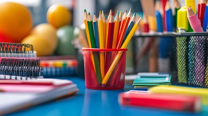 Colorful pencils in a red cup, surrounded by school supplies on a blue surface