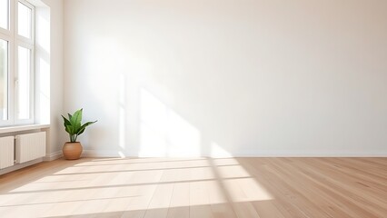 A minimalist living room features clean lines and warm natural light on wooden floors.