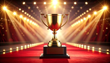 Gold trophy on red carpet, stage lights