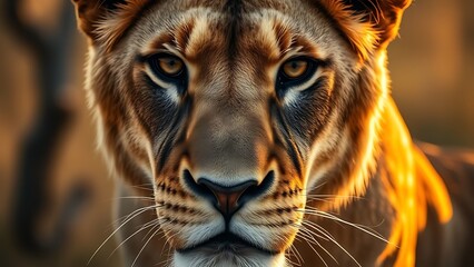 Close-up portrait of a lioness with detailed fur texture in golden savanna light.
