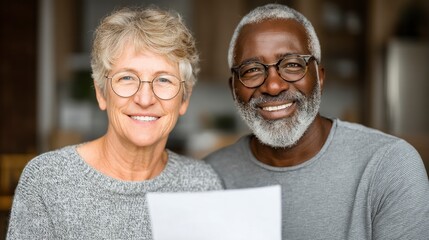 Smiling older diverse couple wearing glasses holding a paper document together