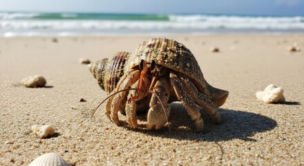 Hermit Crab on a Sandy Beach with Ocean Waves in the Background, Tropical Wildlife