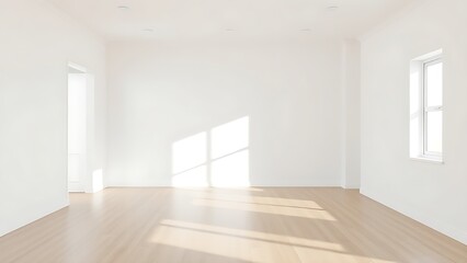 A minimalist living room with clean lines, white walls, and wooden floors, exuding simplicity.
