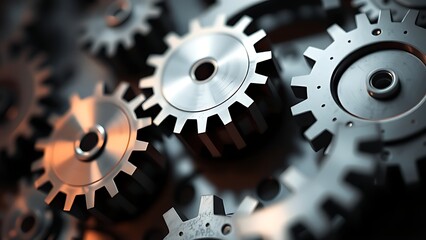 An abstract composition of interlocking metallic gears representing business efficiency.