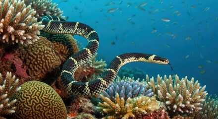 Obraz premium Banded Sea Krait Snake Amongst Vibrant Coral Reef in Tropical Waters