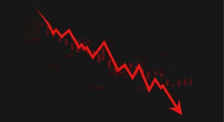 Fototapeta premium Stock market crash with red arrow showing financial loss and economic recession in a downtrend chart with decreasing percentages and falling candlestick graph
