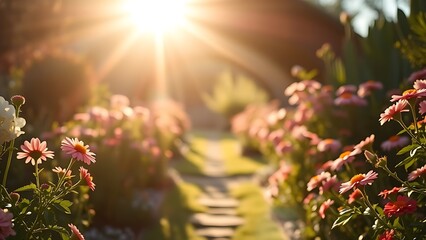 Obraz premium Sunlit garden path lined with blooming flowers, shallow depth of field for a peaceful feel.