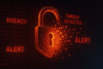 Cybersecurity threat concept with digital lock breach and alert messages  digital protection