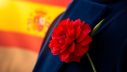 A red carnation on a blue velvet jacket, bathed in golden light, embodying the spirit of Spain National Day.
