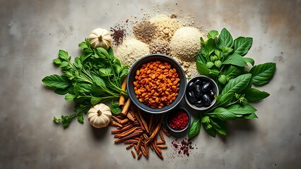 Asian cuisine ingredients beautifully arranged on a rustic stone surface with fresh herbs and spices.