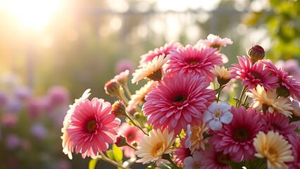 Floral arrangement bathed in morning light within an English garden, soft focus background.