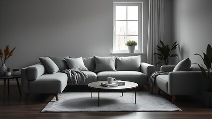 Modern living room with gray tones, soft textures, and natural light for a minimalist ambiance.