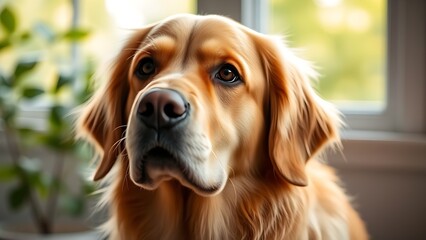 Golden retriever with soft fur details basking in natural window light against a blurred green background.