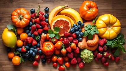 Fresh fruits and vegetables arranged beautifully on a wooden surface, captured from an overhead angle with soft lighting.