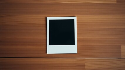 A vintage polaroid frame on a wooden table, captured from an overhead angle in minimalist style.