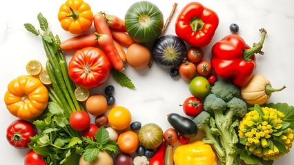 Circular arrangement of fresh fruits and vegetables on white marble with natural lighting.