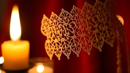 Embroidered mantilla comb with intricate lace patterns, glowing under candlelight with crimson velvet background.
