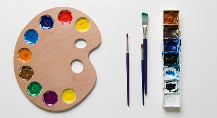 Artistic Palette, Brushes, and Paints: Creative Tools on White Background