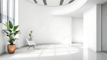 Minimalist office reception with white curved wall, modern chair, and potted plant.