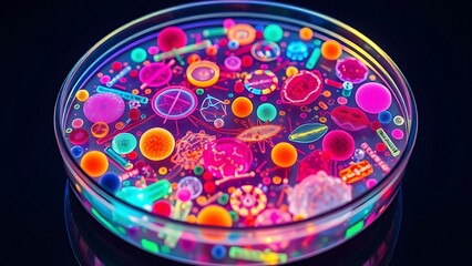 Glowing Petri dish overflowing with vibrant abstract representations of scientific concepts.