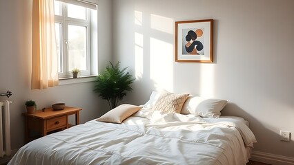 Cozy bedroom corner with a neatly made bed and nightstand, filled with soft morning sunlight.