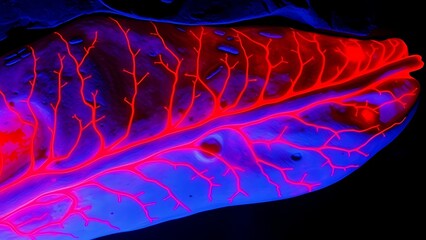 Glowing red vascular patterns preserved in fossilized bone under ultraviolet light, revealing intricate biological history.