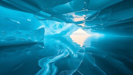 Glowing subglacial rivers pulse under angular ice formations, generating impossible light refraction effects.