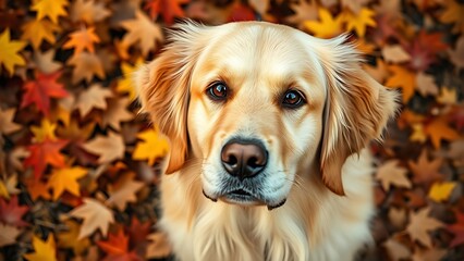 A close-up portrait of a Golden Retriever surrounded by warm autumn leaves.