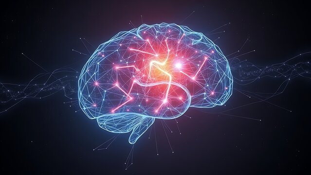 An abstract visualization of a human brain silhouette with intricate, glowing neural pathways on a dark cosmic background.