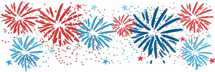 Festive fireworks bursts of red and blue on a white background