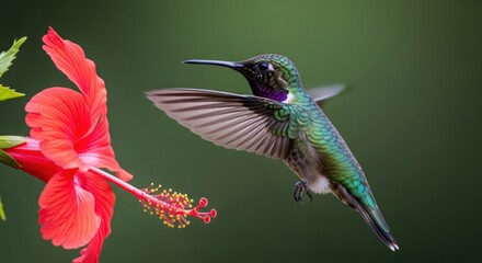 Fototapeta premium Vibrant Hummingbird Flying Near a Red Hibiscus Flower, Close-up