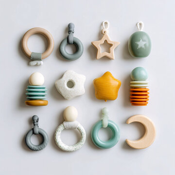 A set of teething rings and soothers, essential for comforting babies during teething, displayed against a clean background.