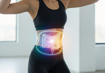 Healthy Gut, Happy Body Fitness Woman Showcasing Digestive Wellness, Strong Core, and Vibrant Health