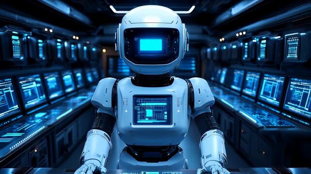 Advanced Humanoid Robot Operating Systems in a Futuristic Sci-Fi Command Center