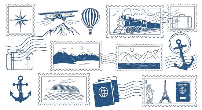 A collection of stylized postage stamps depicting various travel icons: airplanes, trains, ships, mountains, landmarks, and luggage. A vintage, nautical theme is present.
