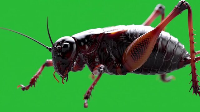 Close-up view of a cricket insect against a vibrant green background, showcasing its detailed anatomy