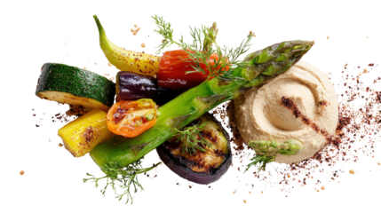 Creative presentation of grilled vegetables with hummus and a sprinkle of sumac, isolated on a Transparent background, PNG file.