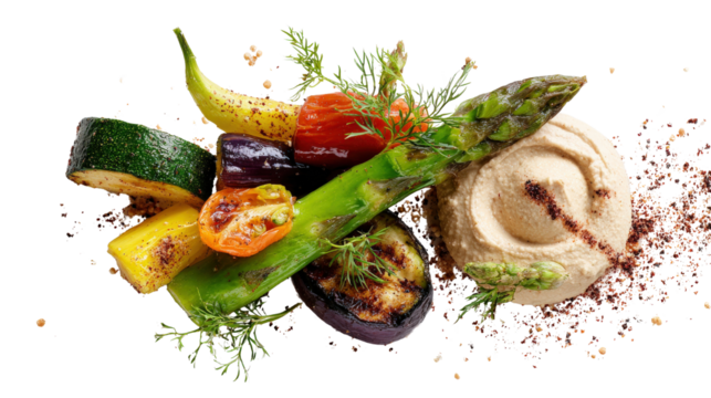 Creative presentation of grilled vegetables with hummus and a sprinkle of sumac, isolated on a Transparent background, PNG file.