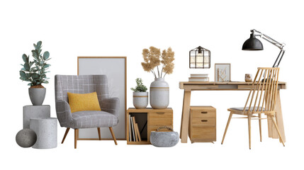 Creative Studio Spaces: Modern creative studio spaces with functional furniture and inspiring decor, isolated on a Transparent background, PNG file.