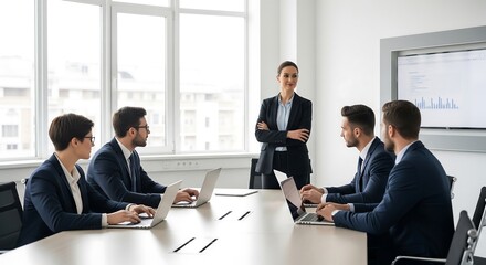 A confident businesswoman leads a team meeting in a modern office. Employees attentively listen and work on laptops during the presentation. The atmosphere is professional and collaborative.