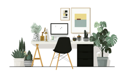 Creative Workspace Design: Inspirational creative workspace with modern furniture, plants, and artwork, isolated on a Transparent background, PNG file.